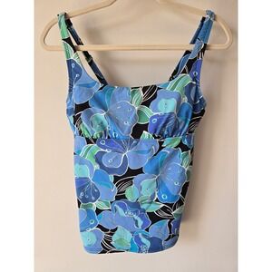 Lands End Womens Blue Floral Tankini Top Adjustable Straps Size 8 Tropical Swim